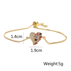 Detail of heart cat bracelet with multi-color zircons and adjustable slider chain
