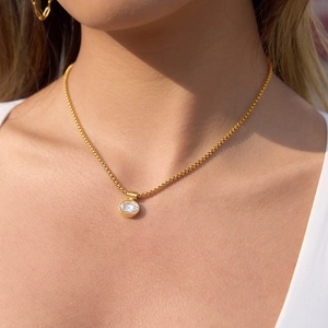 18K Gold Plated Stainless Steel Necklace For Women Minimalist Rhinestone Egg Shaped Round Pendant Box Chain Jewelry Necklace
