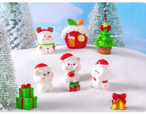 Miniature Christmas resin figurines set featuring Santa bear and snowman on faux snow