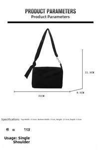 Detailed size chart for the lightweight black nylon shoulder bag with dimensions and weight