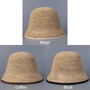 Women raffia bucket hat collection in beige, coffee, and black for summer sun protection