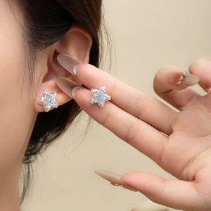 Star Stud Earrings Zinc Alloy With Light Blue Crystal Silver Earring Post Korean Style Delicate Sweet Jewelry For Women