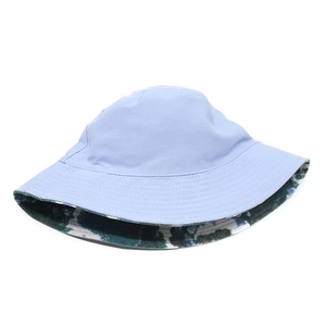 Detail of blue cotton bucket hat with reversible tie-dye floral pattern lining