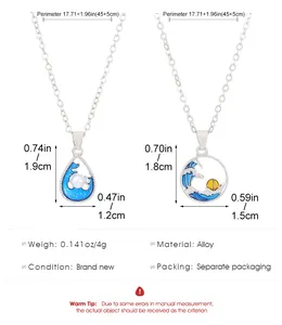 Size chart showing blue wave sun waterdrop pendant necklaces with detailed measurements
