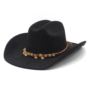 Western black felt cowboy hat with ethnic beaded band and wide brim design