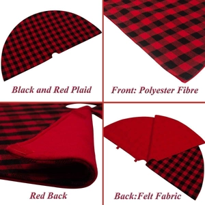 Detail showing red and black plaid polyester front and red felt backing of the tree skirt