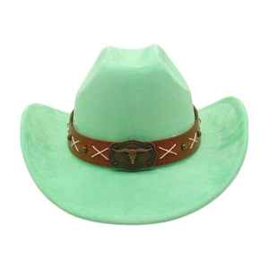 Cappello da cowboy verde menta con fascia in pelle e decoro vintage teschio di toro