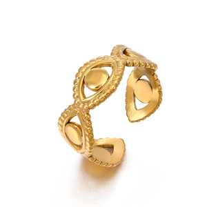 18K gold plated evil eye open ring featuring hollowed eye motifs and beaded edges