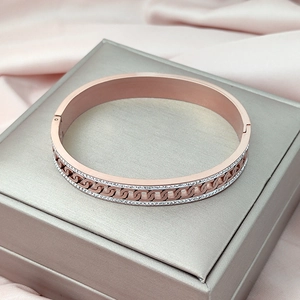Elegant 18K rose gold plated interlocking link bangle with micro-pave crystals
