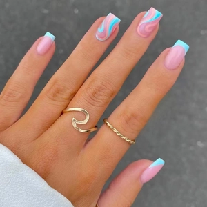 Short Square Press On Nails Pink Blue Marble Abstract Wave Pattern Acrylic False Nails With Glue Ins Style For Women