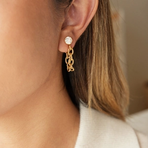 18K gold plated stainless steel drop earrings with white zircon and chain tassels