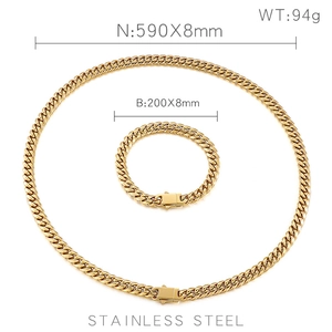 Golden Cuban link jewelry set with necklace and bracelet size specifications on white backdrop