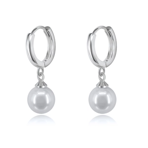 Detail view of S925 silver hoop earrings with elegant hanging white pearl drops