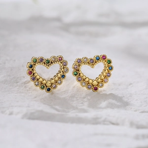 18K gold plated heart stud earrings with colorful micro-set zircons on white stone base