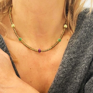 Colorful tourmaline beaded necklace with gold plated spiral metal accents for women