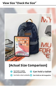 Detail view of denim patchwork backpack showing large capacity for tablets and A4 magazines