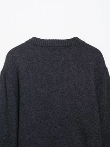 Close-up of charcoal grey knit sweater showing ribbed crew neck and shoulder stitch detail