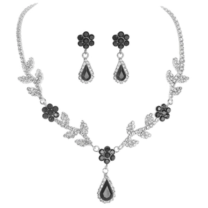 Luxury silver and black crystal flower jewelry set with necklace and drop earrings