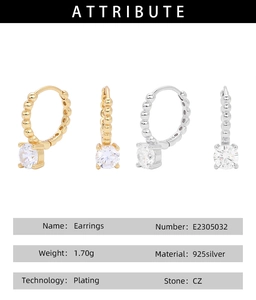 Detailed attribute chart for 925 sterling silver CZ earrings in gold and silver plating