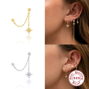 S925 sterling silver chain earrings with star pendants for multiple piercings