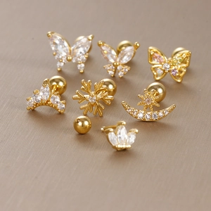 Zirconia Butterfly Crown Snowflake Helix Cartilage Stud Earrings Stainless Steel Post Gold Plated Screw Ball Back