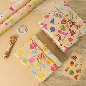 Birthday kraft gift wrapping paper set with colorful balloons and cake patterns