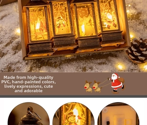 Detail view of 4-pack vintage bronze Christmas lanterns with LED lights and holiday patterns