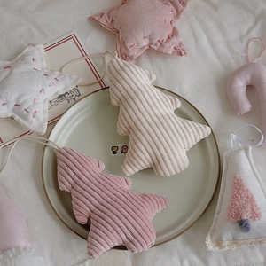 Pink and beige corduroy Christmas tree plush ornaments for festive DIY holiday decor