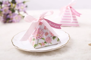 Pyramid pink floral candy box with silk ribbon and Thank You tag for wedding favors