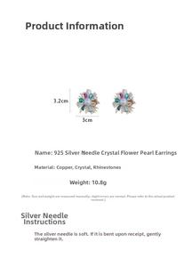 Detail of 925 silver needle earrings with crystal petals and centered pearl inlay