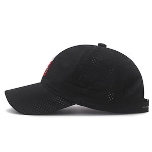 Black mesh baseball cap with red embroidered lion dance logo for sun protection outdoors