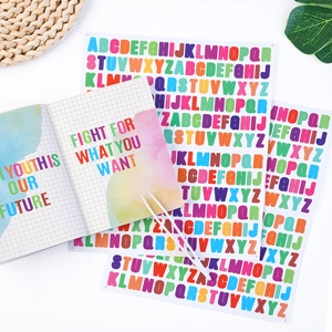 Close-up of 0.5-inch colorful alphabet stickers for scrapbooking and labeling items