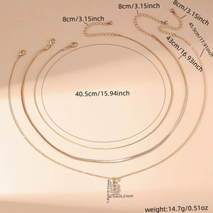 Detailed size chart for layered gold necklace with letter B pendant and chain lengths