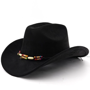 Detail of black suede cowboy hat featuring a colorful ethnic beaded decorative band