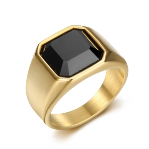Gold titanium steel signet ring for men featuring a rectangular black gemstone inlay