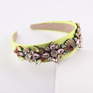 Baroque wide headband with colorful rhinestones on neon yellow satin for parties
