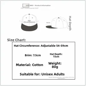 Size chart for adjustable cotton baseball cap showing 54-59cm circumference and 7.5cm brim