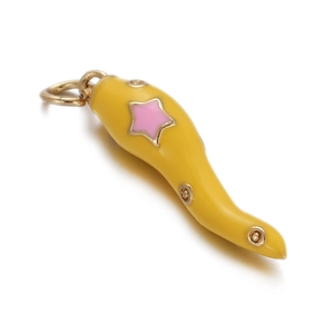 Detailed view of yellow chili charm with pink stars and golden metal edges for DIY jewelry