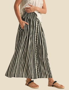 Detail view of high waist striped maxi skirt with buttons and side pockets