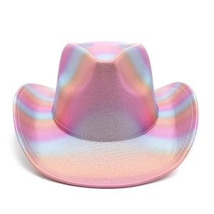 Detailed view of the shiny metallic rainbow gradient texture on a western cowboy hat
