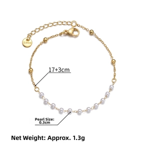 Detail showing 17+3cm adjustable length and 0.3cm bead size of this 14K gold tassel bracelet