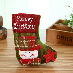 Detail of green Christmas stocking with snowman applique and Merry Christmas text
