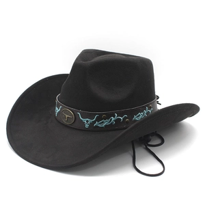 Chapeau De Cowboy Western Daim Large Bord Broderie Tête De Taureau Bande En Cuir Corde Coupe-Vent Protection Solaire Unisexe