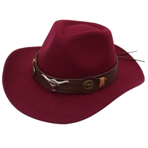 Western style burgundy felt cowboy hat with leather strap and silver bull head ornament