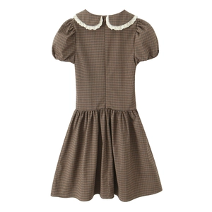 Retro brown plaid dress with white lace peter pan collar and short puff sleeves