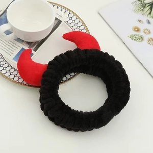 Cute black plush devil horn headband for face washing with soft red horns decoration