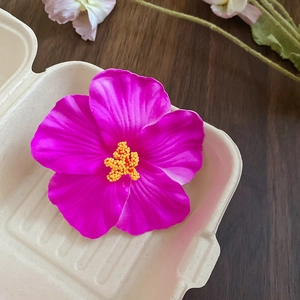 Detail of rose red hibiscus flower clip with realistic velvet texture and yellow stamen
