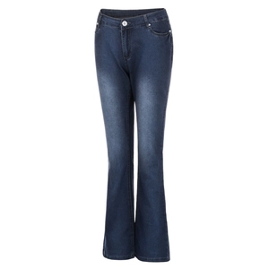 Close-up of vintage dark blue flared jeans with distressed finish and slim fit design