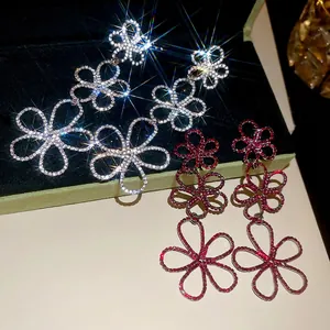 Hollow Flower Drop Earrings Rhinestone Tiered Long Jewelry For Women With 925 Sterling Silver Earring Post Fashion Elegant