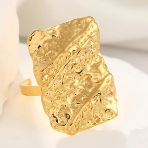 Adjustable golden stainless steel ring with elegant 3D pleated textured finish for women